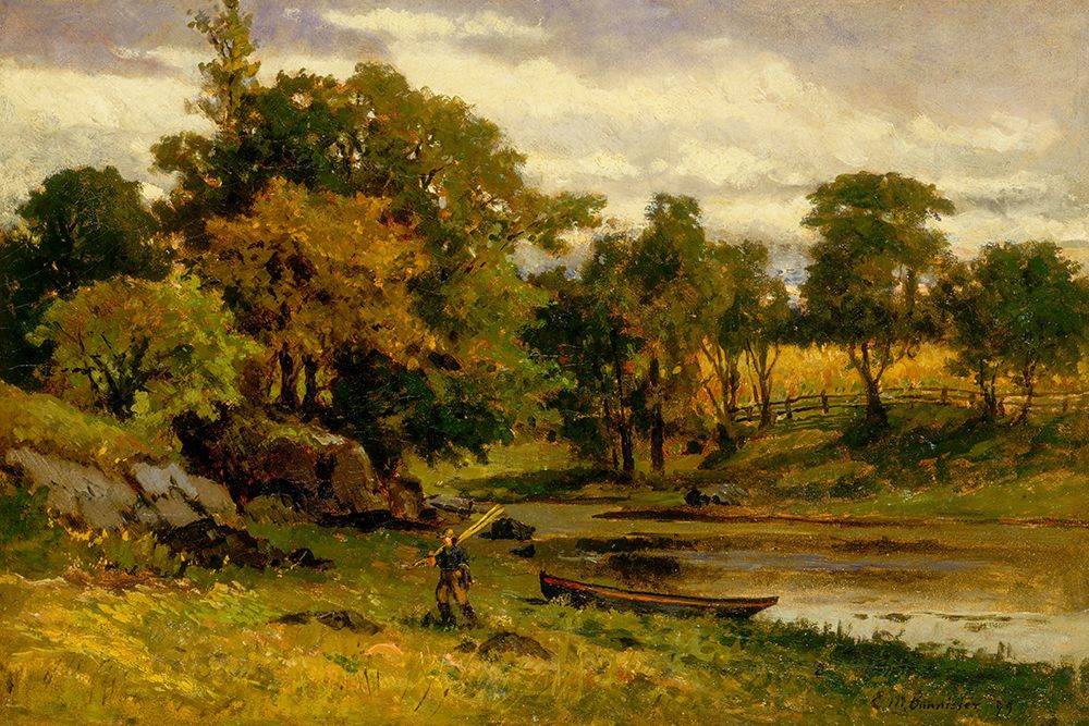 Untitled, Landscape, Boat Moored near Stream, Man Walking in Foreground 1879 art print by Edward Mitchell Bannister for $57.95 CAD