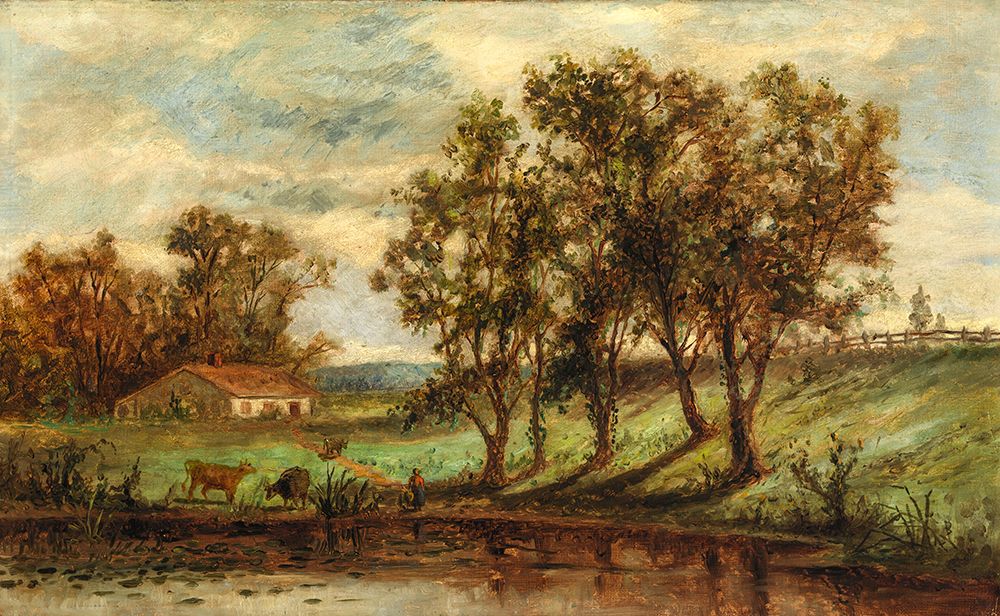 Untitled, Man with Cows Grazing near Pond with House and Trees in Background art print by Edward Mitchell Bannister for $57.95 CAD