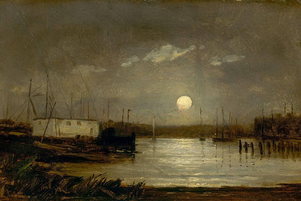 Untitled, Moon over a Harbor, Wharf Scene with Full Moon and Masts of Boats ca 1868 art print by Edward Mitchell Bannister for $57.95 CAD