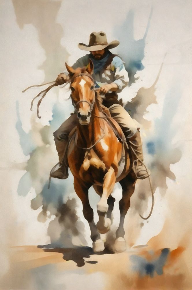 Watercolor Cowboy on Horseback V art print by Buck Rawlins for $57.95 CAD
