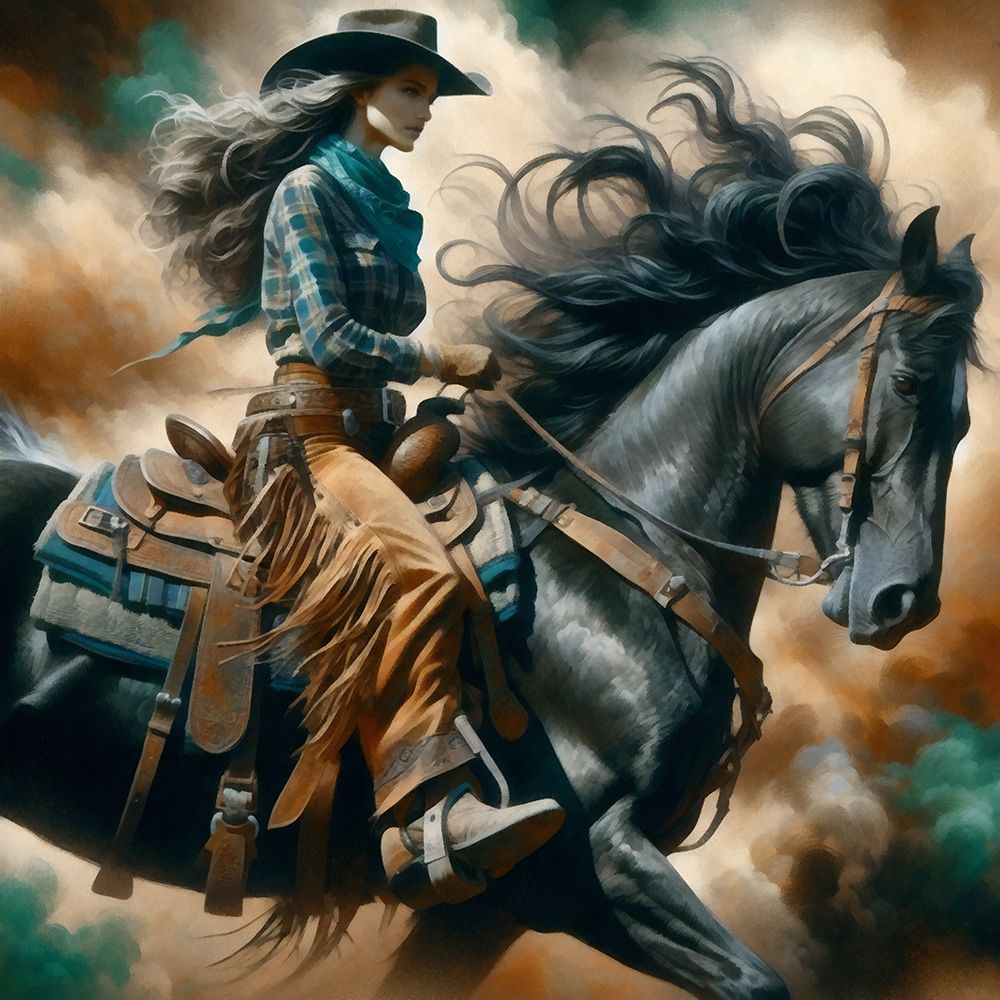 Watercolor Cowgirl on Horseback Square I art print by Buck Rawlins for $57.95 CAD