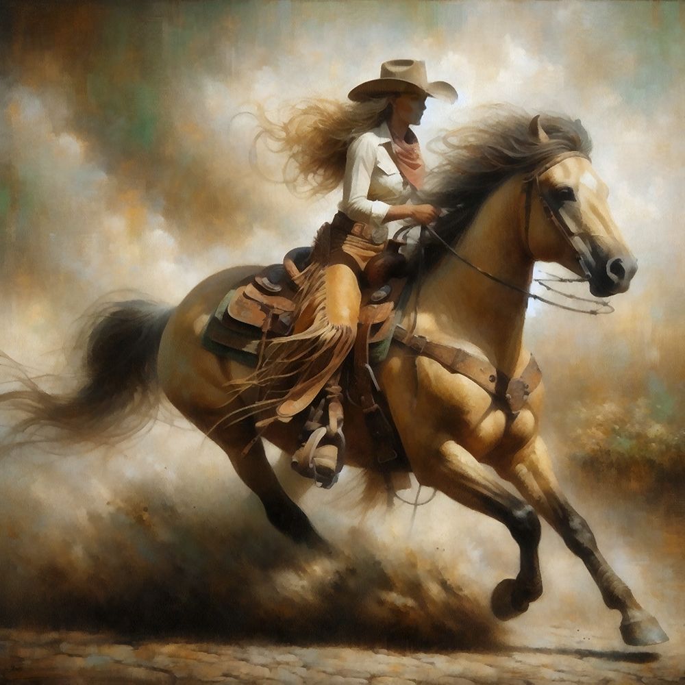Watercolor Cowgirl on Horseback Square III art print by Buck Rawlins for $57.95 CAD
