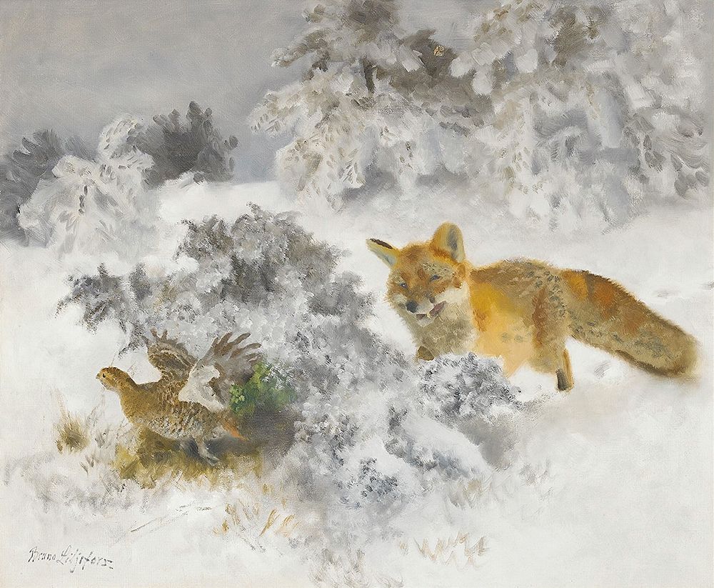 Liljefors, Bruno art print by Fox and Black Grouse Hen in Winter Landscape 1939 for $57.95 CAD