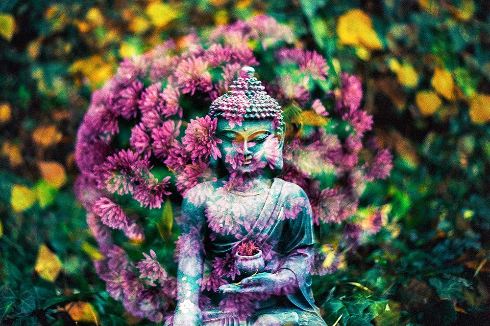 Buddha Statue in Pink Flowers art print by Artographie for $57.95 CAD