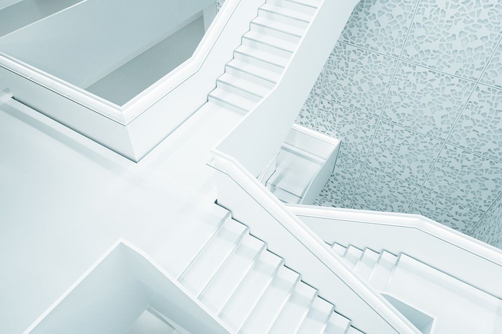 A Snow-White Stairway in a Building in Cologne art print by Artographie for $57.95 CAD