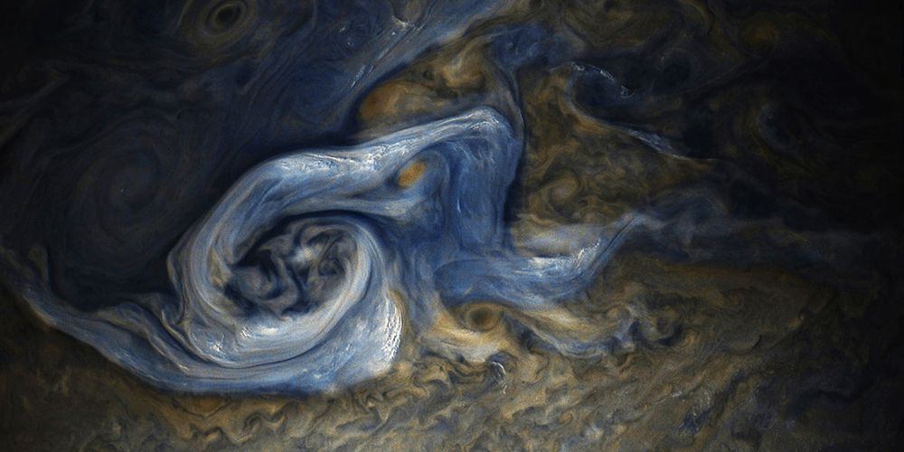 This color-enhanced image of a raging storm on Jupiter was taken by Juno Spacecraft art print by NASA for $57.95 CAD