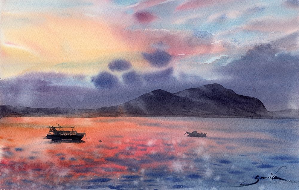 Red sunset on the sea art print by Samira Yanushkova for $57.95 CAD