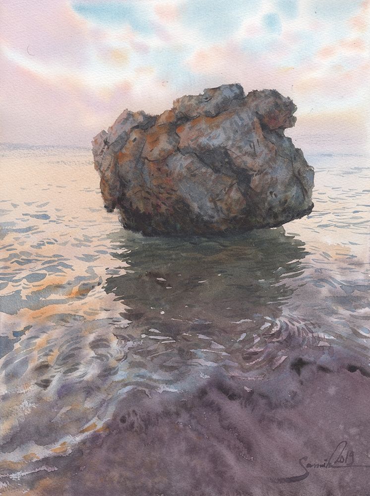 Beautiful seascape with stone in water art print by Samira Yanushkova for $57.95 CAD