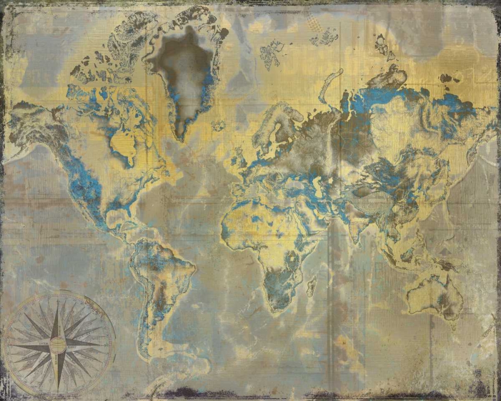 Golden Teal World Map art print by Kimberly Allen for $57.95 CAD