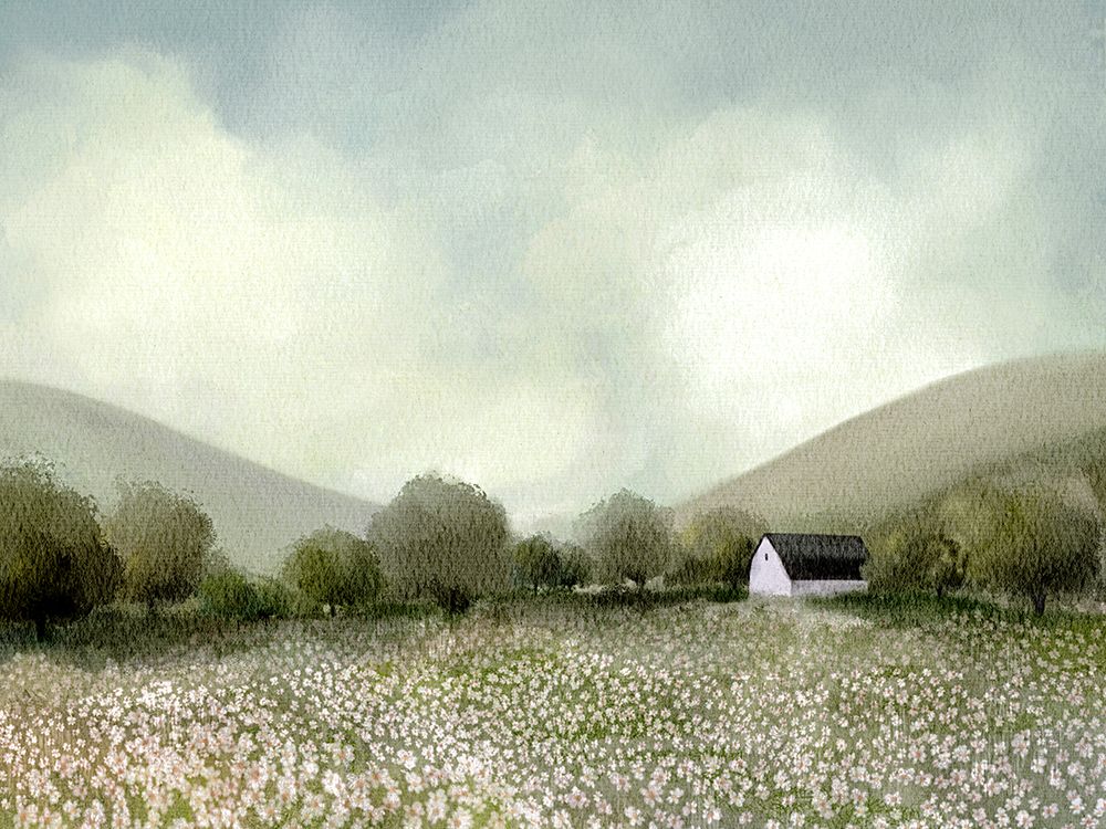 White Barn And Wildflowers art print by Leah Straatsma for $57.95 CAD
