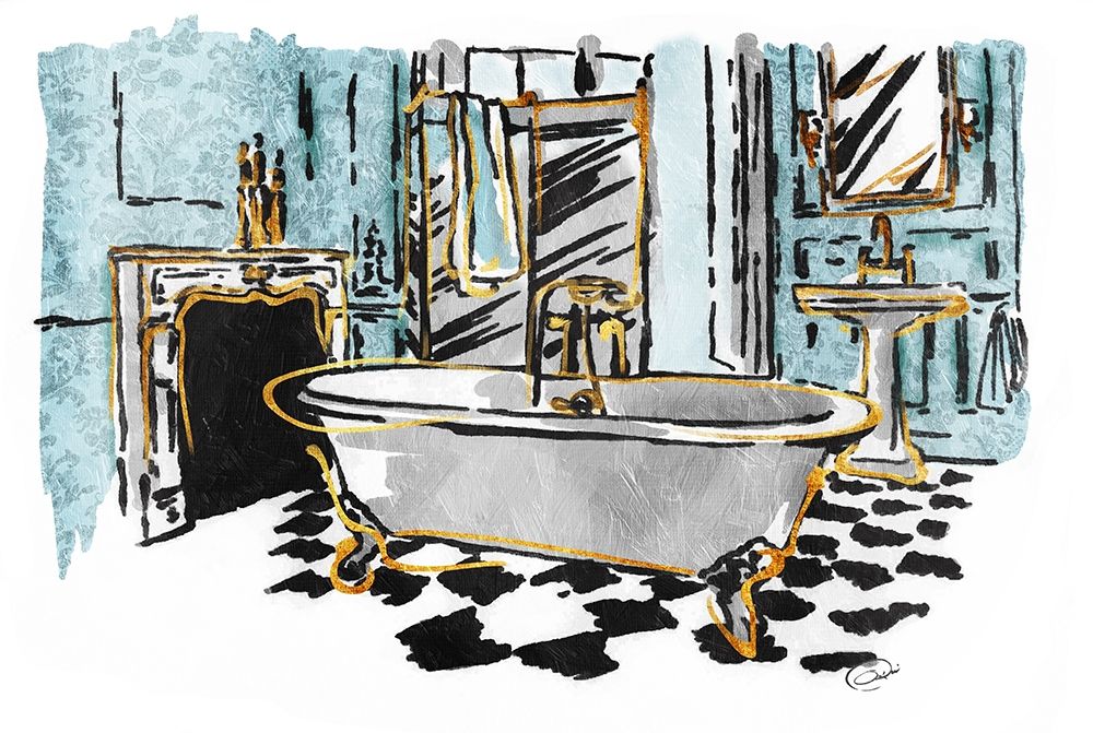 Blue Gold Sketch Bath art print by OnRei for $57.95 CAD