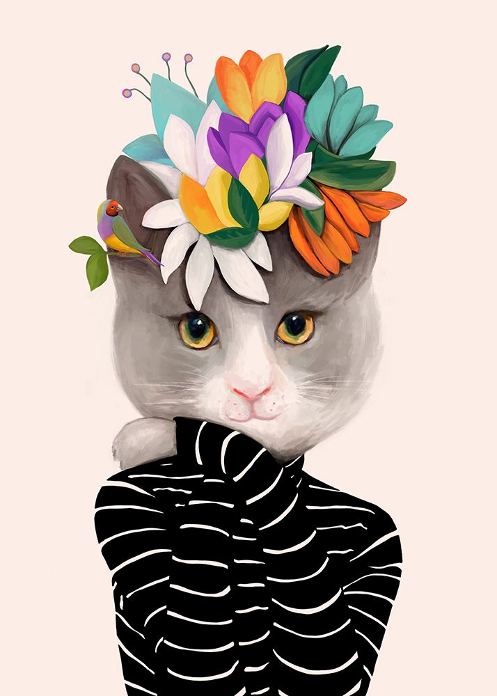 Cat With Flowers and Finch art print by Ioana Horvat for $57.95 CAD