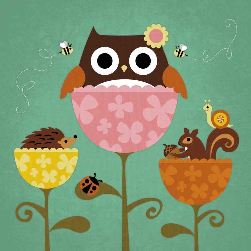 Owl Squirrel and Hedgehog in Flowers art print by Nancy Lee for $57.95 CAD