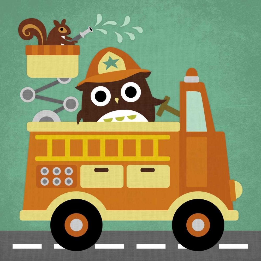 Owl in Firetruck and Squirrel art print by Nancy Lee for $57.95 CAD