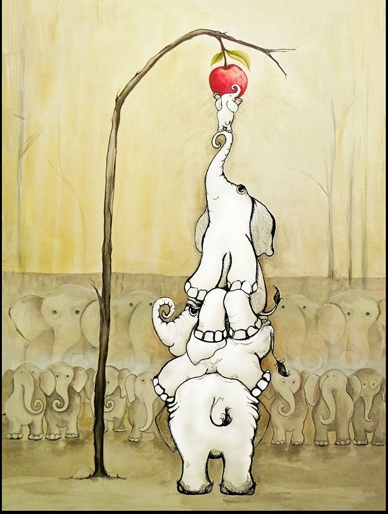 Whimsical Elephants with Red Apple art print by Diannart for $57.95 CAD