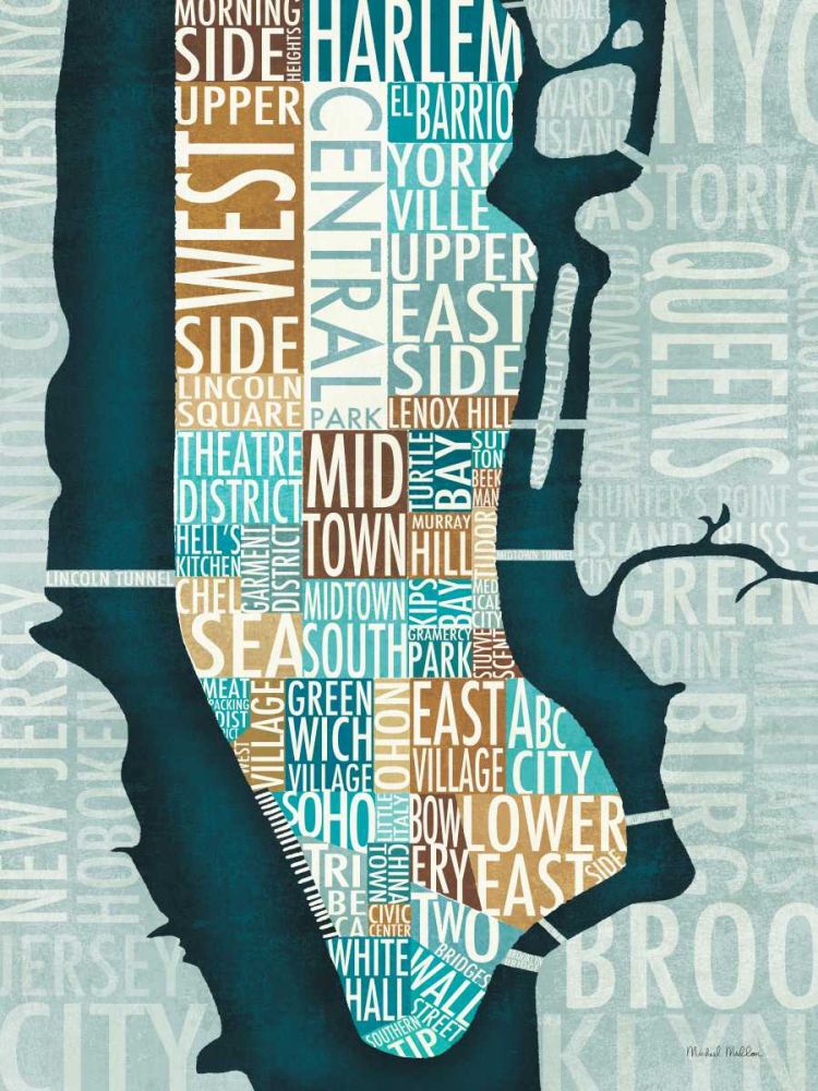 Manhattan Map Blue Brown  art print by Michael Mullan for $57.95 CAD