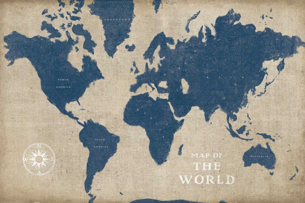 Burlap World Map I Navy art print by Sue Schlabach for $57.95 CAD