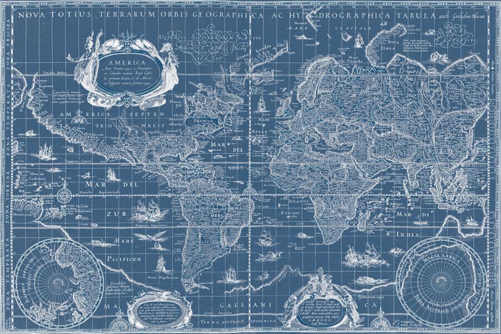 Blueprint World Map art print by Willem Blaeu for $57.95 CAD