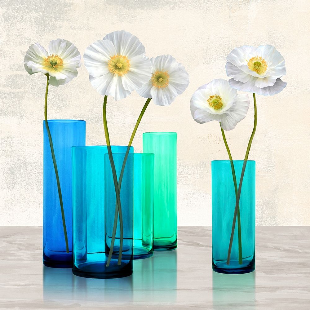 Poppies in crystal vases (Aqua I) art print by Ann Cynthia for $57.95 CAD