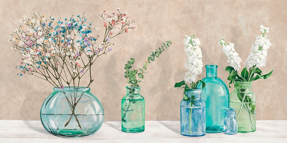 Floral setting with glass vases art print by Jenny Thomlinson for $57.95 CAD