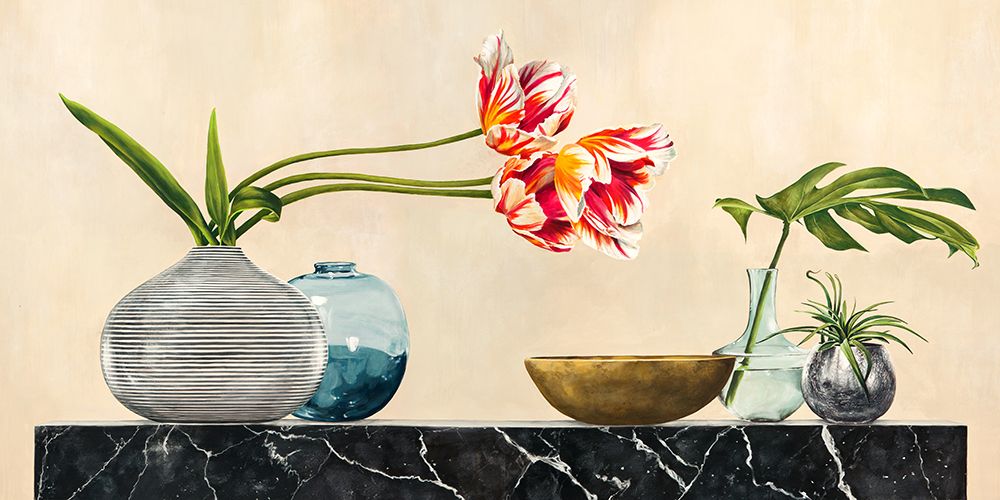 Floral Setting on Black Marble art print by Jenny Thomlinson for $57.95 CAD