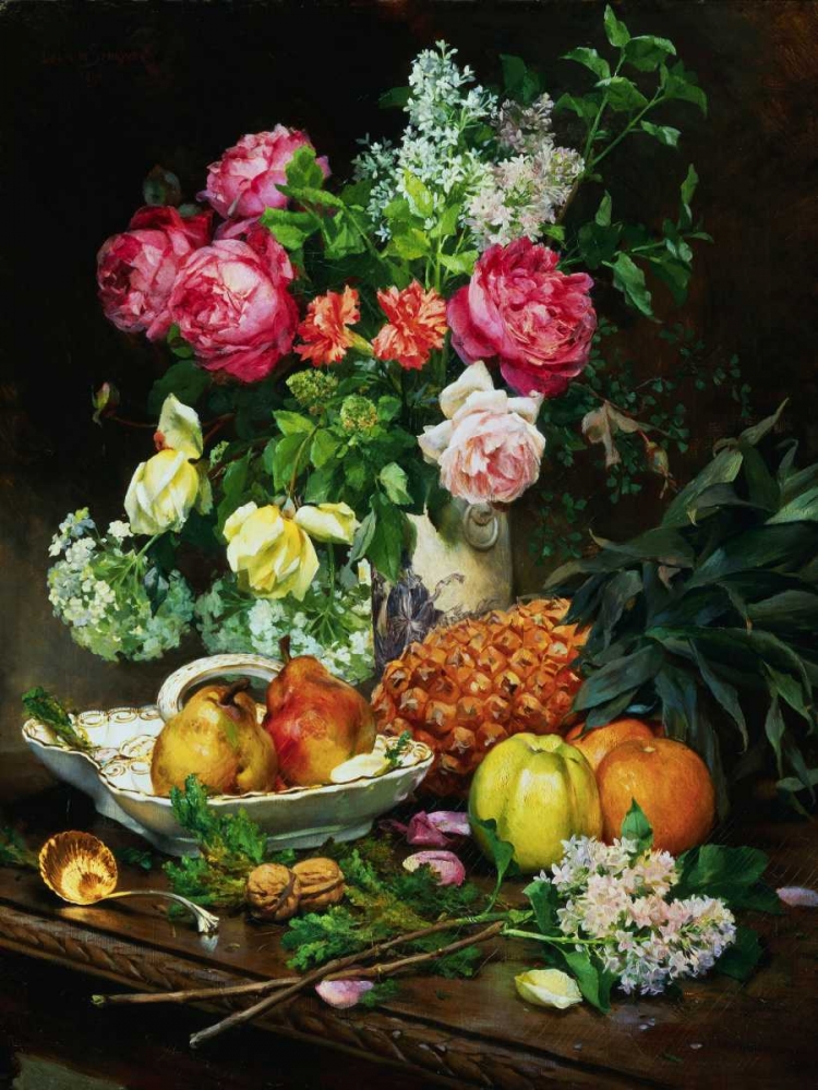 Painting of Roses in a Vase, Pears in a Porcelain Bowl art print by Anonymous for $57.95 CAD