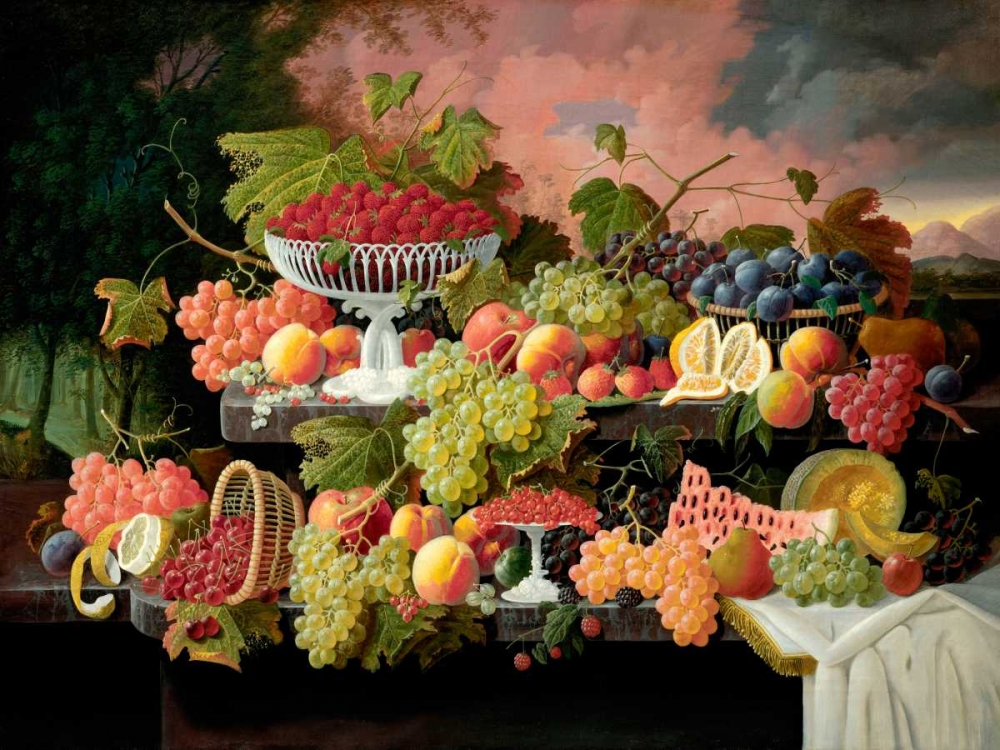 Two-Tiered Still Life with Fruit and Sunset Landscape art print by Severin Roesen for $57.95 CAD