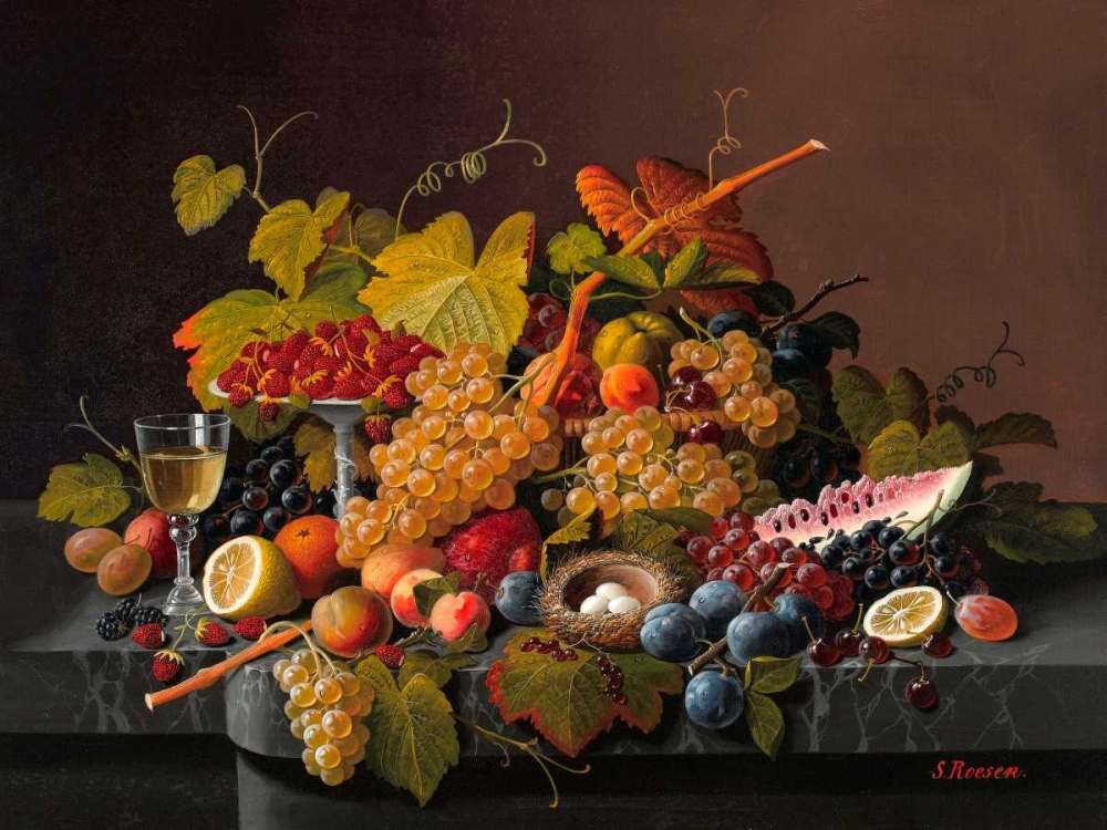 Still life with fruit and birds nest art print by Severin Roesen for $57.95 CAD
