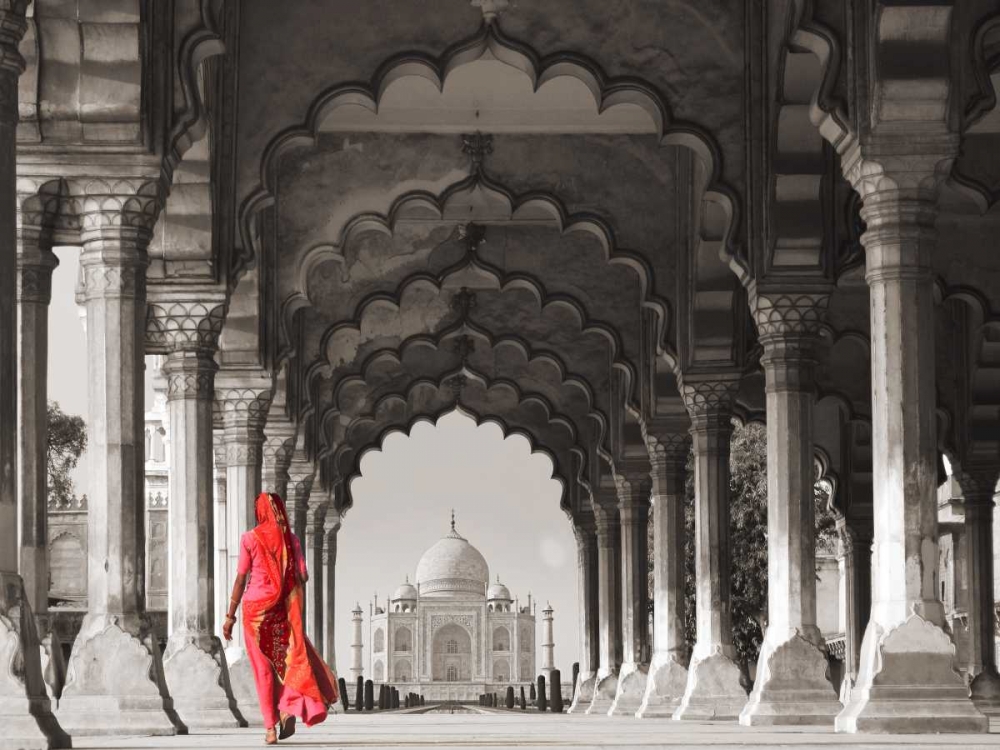 Woman in traditional Sari walking towards Taj Mahal art print by Pangea Images for $57.95 CAD