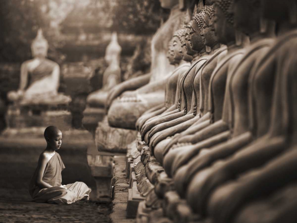 Young Buddhist Monk praying, Thailand (sepia) art print by Pangea Images for $57.95 CAD