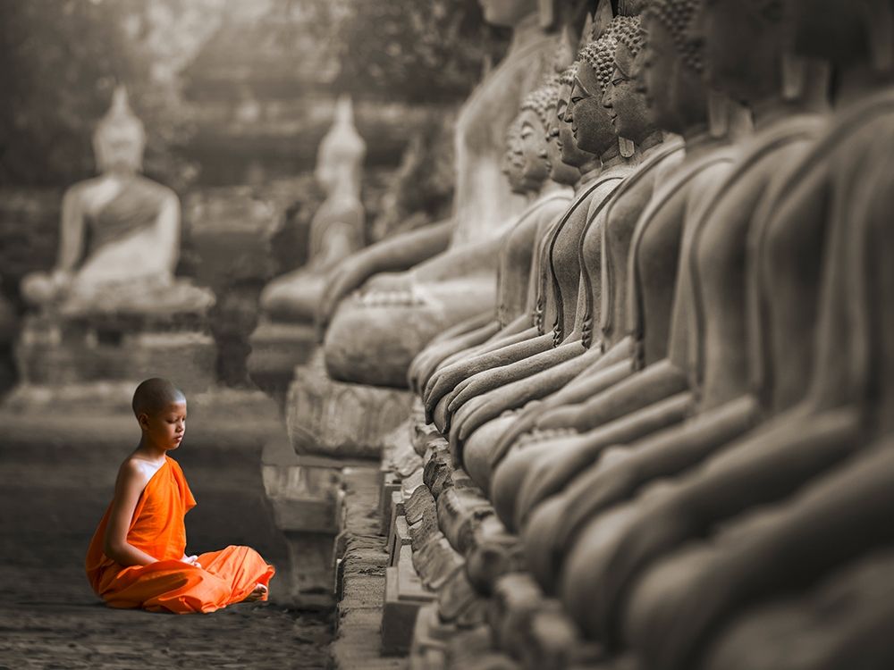 Young Buddhist Monk praying, Thailand (BW) art print by Pangea Images  for $57.95 CAD
