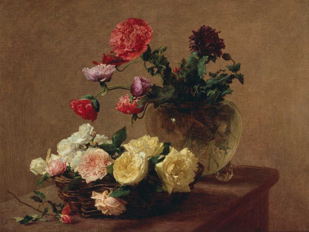 Poppies in a Crystal Vase and Roses in a Basket (detail) art print by Henri Fantin-Latour for $57.95 CAD