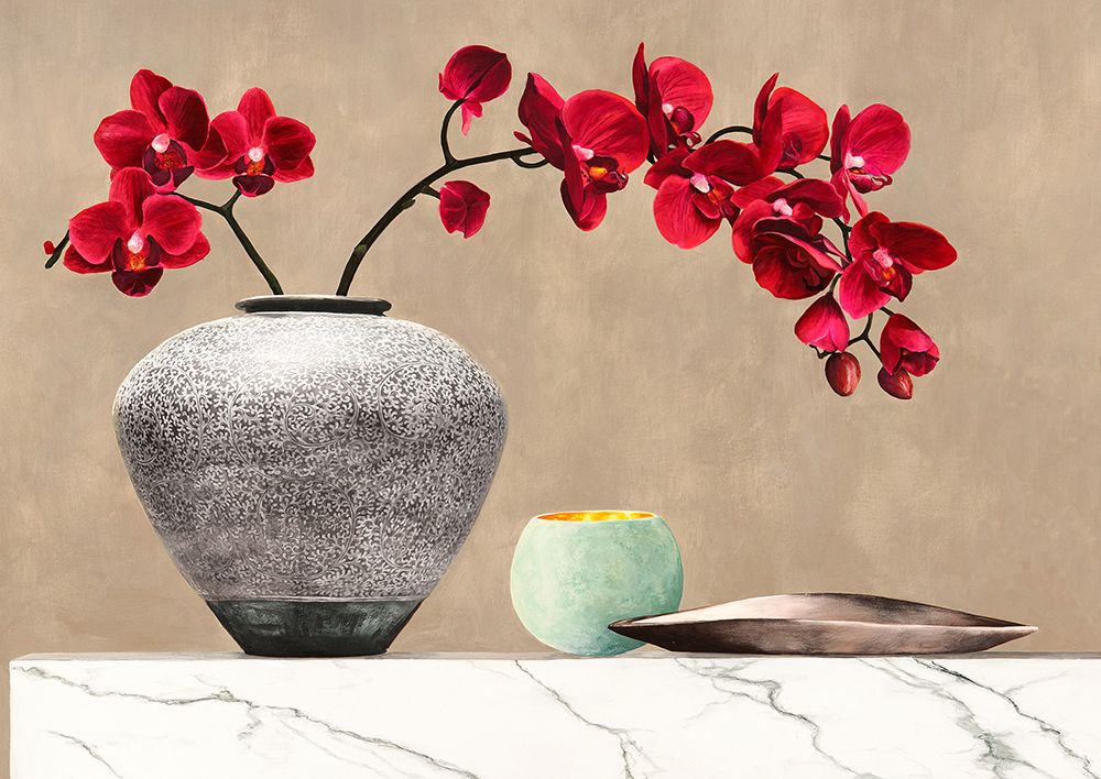 Red Orchids on White Marble (detail) art print by Jenny Thomlinson for $57.95 CAD