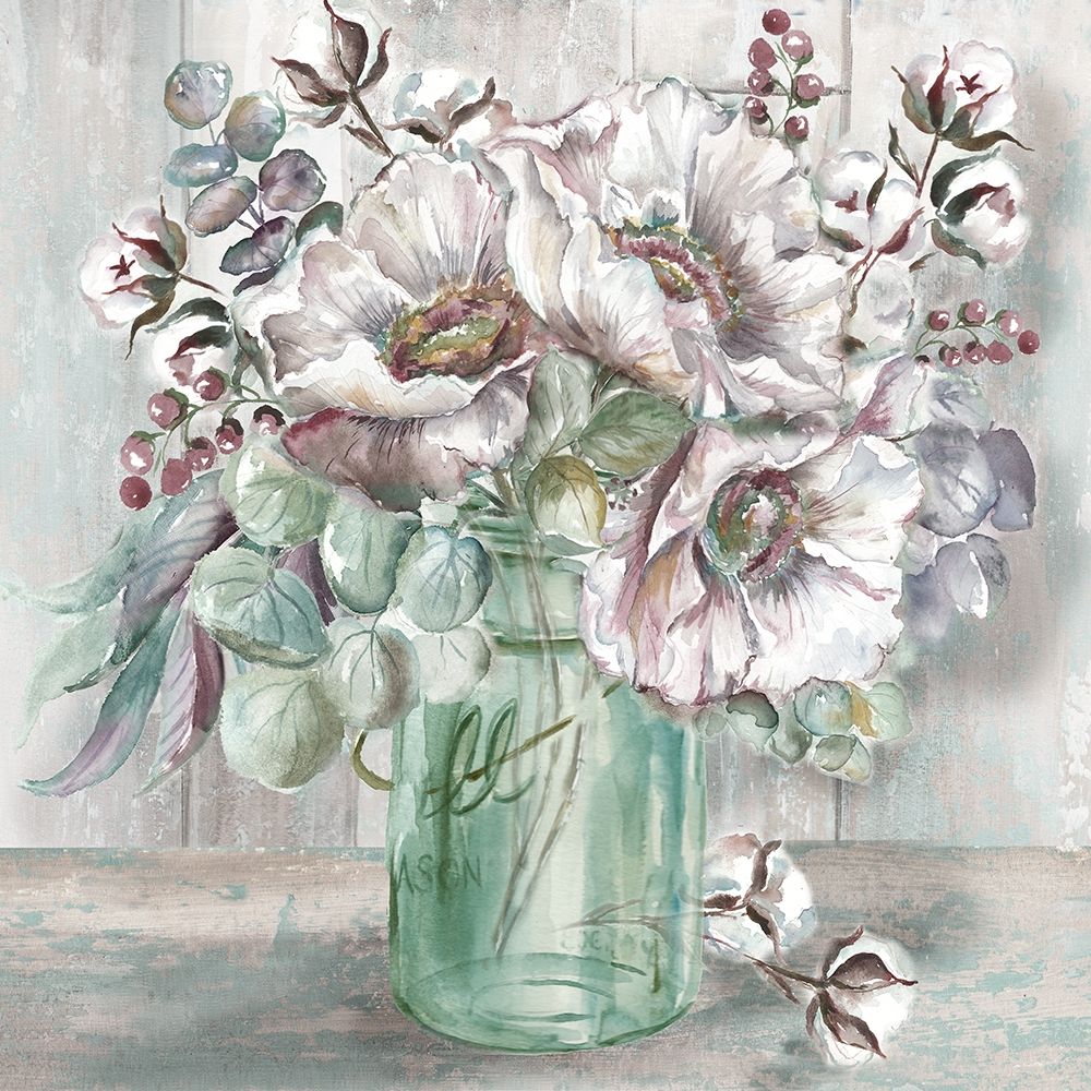 Blush Poppies and Eucalyptus in Mason Jar art print by Tre Sorelle Studios for $57.95 CAD