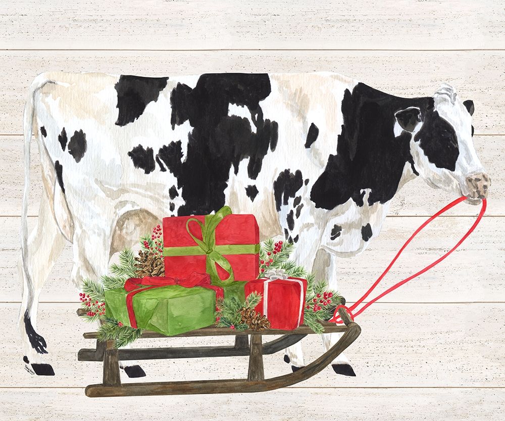 Christmas on the Farm I-Cow with Sled art print by Tara Reed for $57.95 CAD