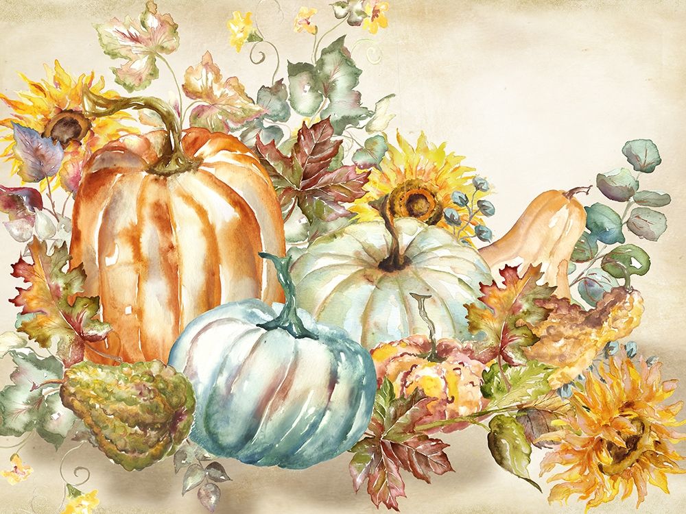 Watercolor Harvest Pumpkin landscape art print by Tre Sorelle Studios for $57.95 CAD