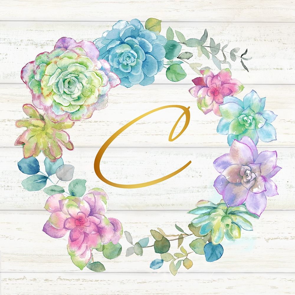 Sweet Succulents Wreath Monogram C gold art print by Cynthia Coulter for $57.95 CAD