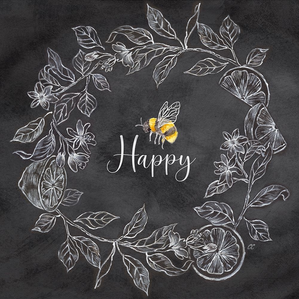 Bee  Sentiment Wreath black I-Happy art print by Cynthia Coulter for $57.95 CAD
