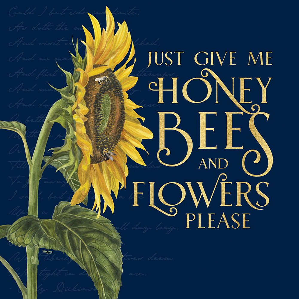 Honey Bees And Flowers Please on blue I-Give me Honey Bees art print by Tara Reed for $57.95 CAD