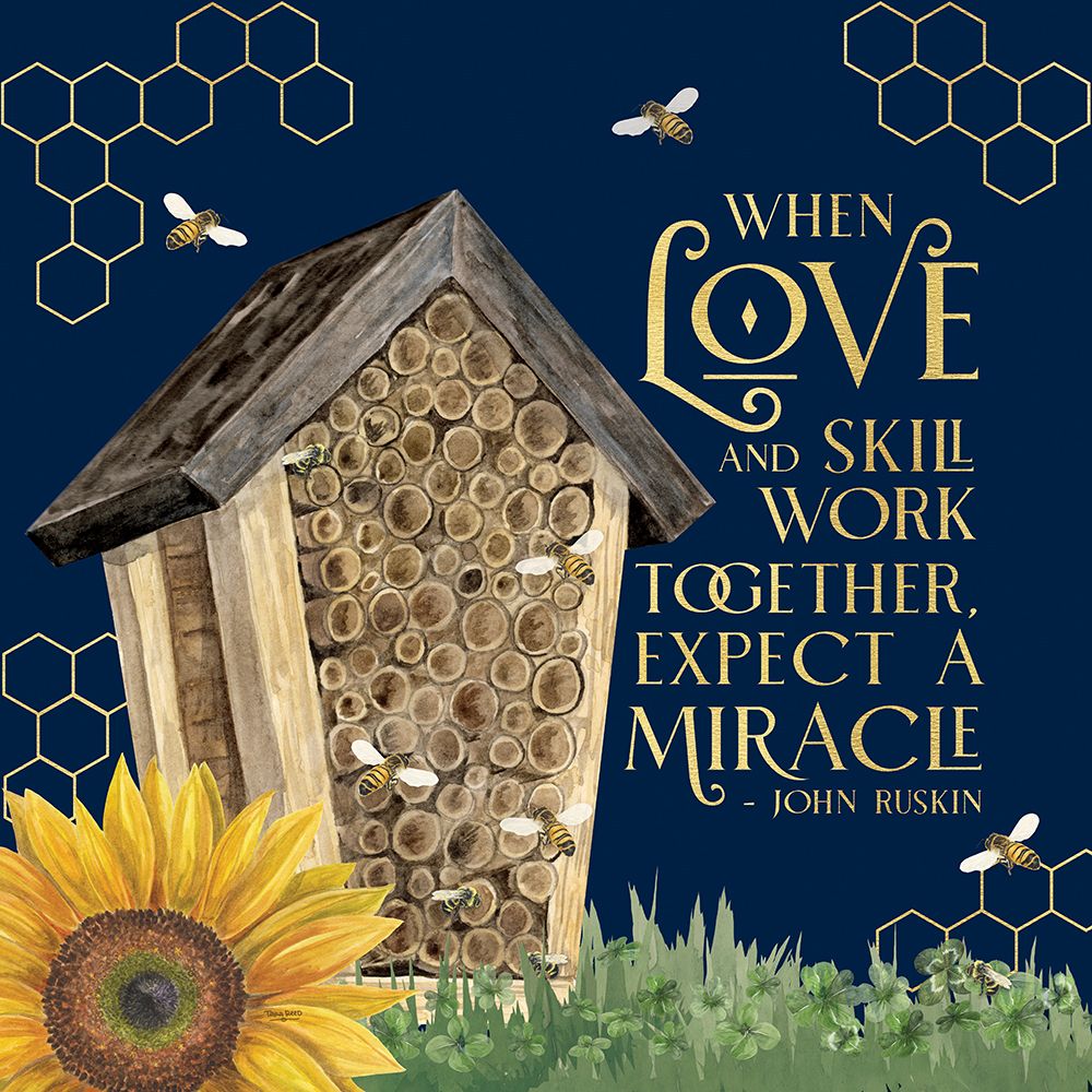Honey Bees And Flowers Please on blue V-Love and Skill art print by Tara Reed for $57.95 CAD