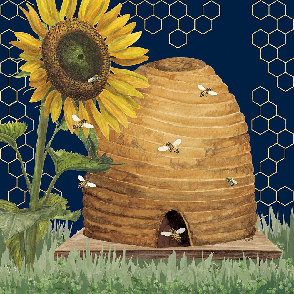 Honey Bees And Flowers Please on blue VIII art print by Tara Reed for $57.95 CAD