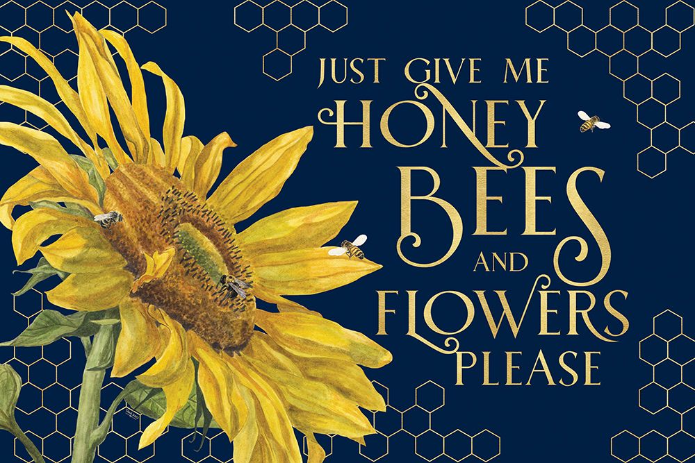 Honey Bees And Flowers Please landscape on blue III-Give me Honey Bees art print by Tara Reed for $57.95 CAD
