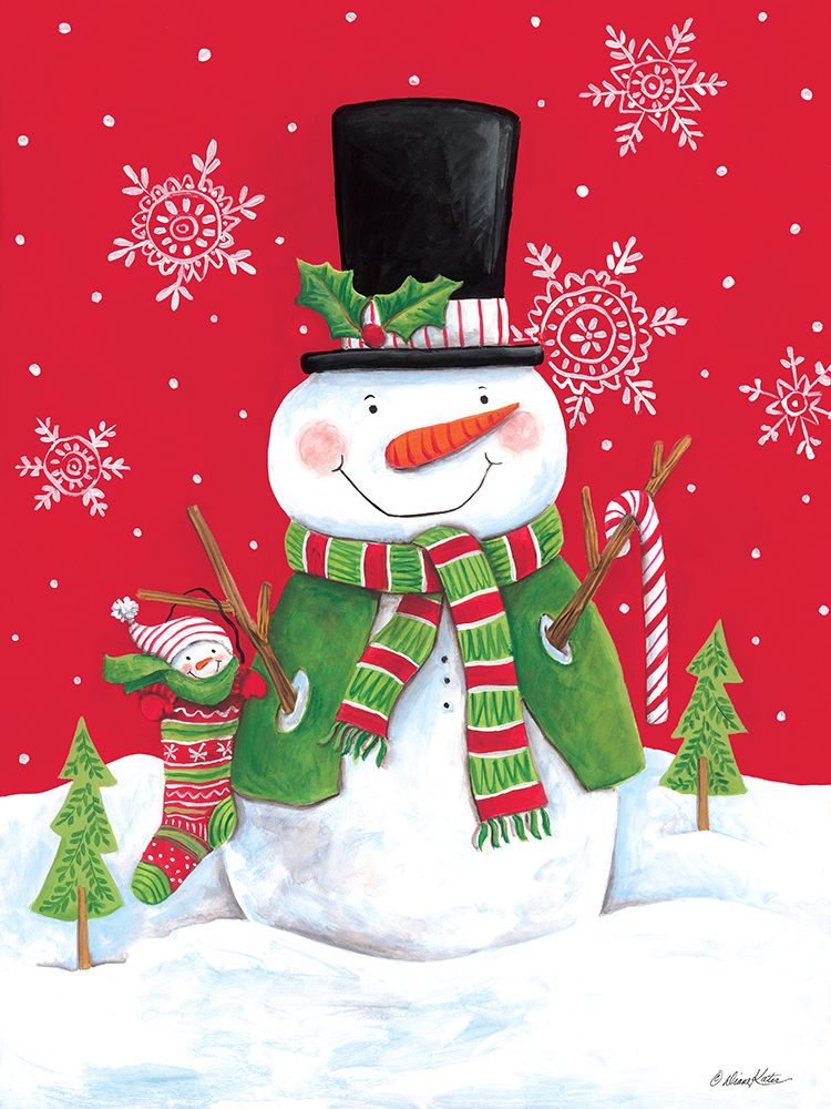 Baby in Stocking wit Snowman art print by Diane Kater for $57.95 CAD