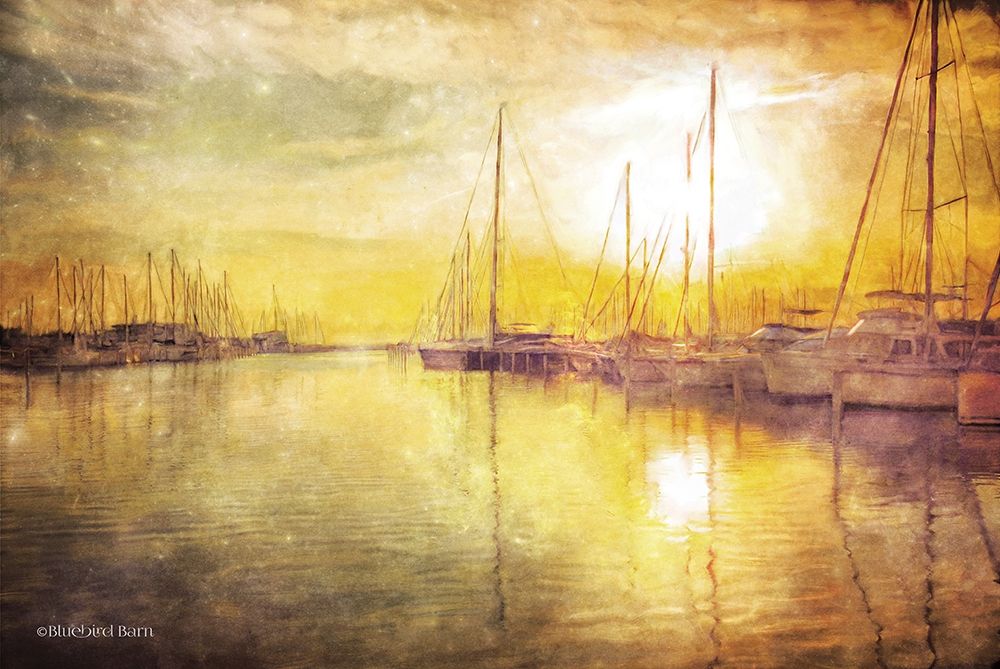 Yellow Sunset Boats in Marina art print by Bluebird Barn for $57.95 CAD
