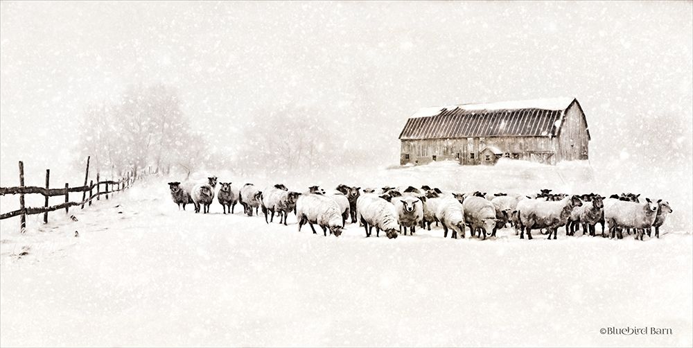 Warm Winter Barn with Sheep Herd art print by Bluebird Barn for $57.95 CAD