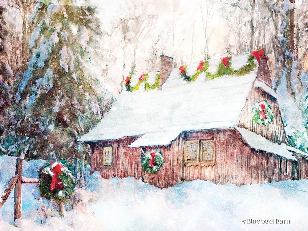 Snowy Christmas Cabin art print by Bluebird Barn for $57.95 CAD