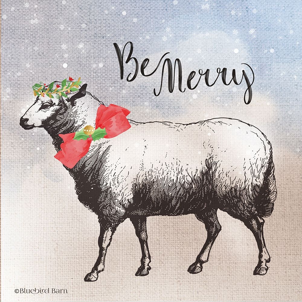 Vintage Christmas Be Merry Sheep art print by Bluebird Barn for $57.95 CAD