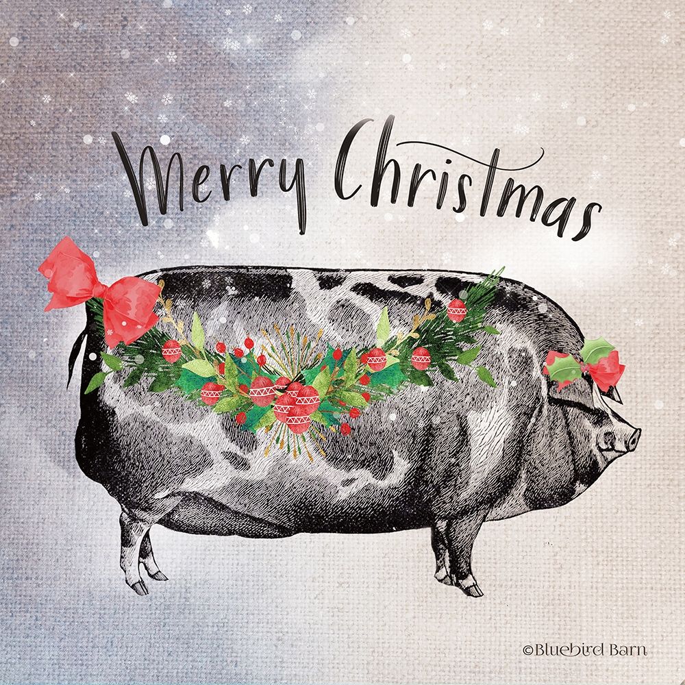 Vintage Christmas Be Merry Pig art print by Bluebird Barn for $57.95 CAD