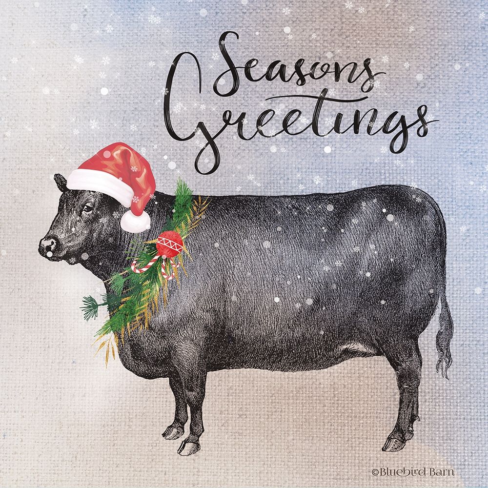 Vintage Christmas Be Merry Cow art print by Bluebird Barn for $57.95 CAD