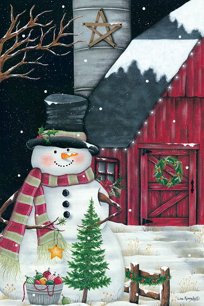 Barn And Snowman art print by Lisa Kennedy for $57.95 CAD